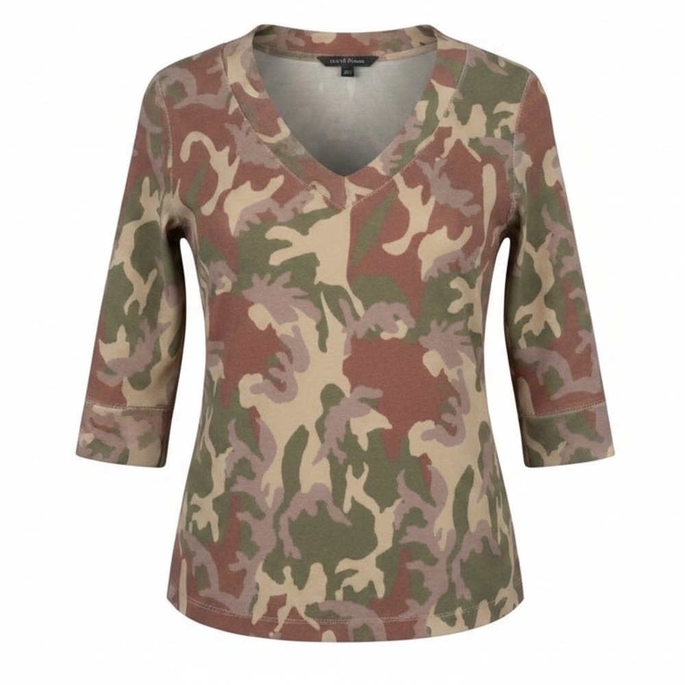 Norma Kamali Designer V Neck Fitted Organic Cotton Edgy Green Camo Top Large